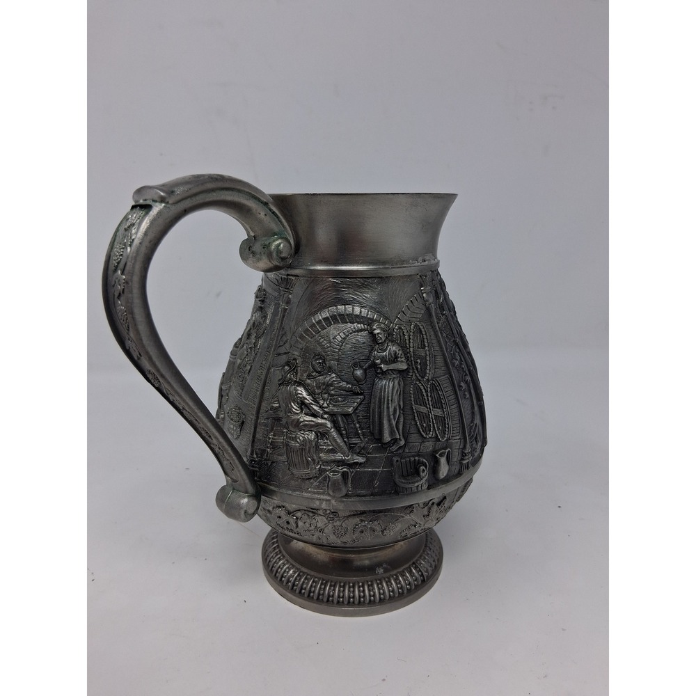 VTG Embossed Pewter Pitcher Wine Harvest Scenes Grapevine Handle Ornate Jug. U
